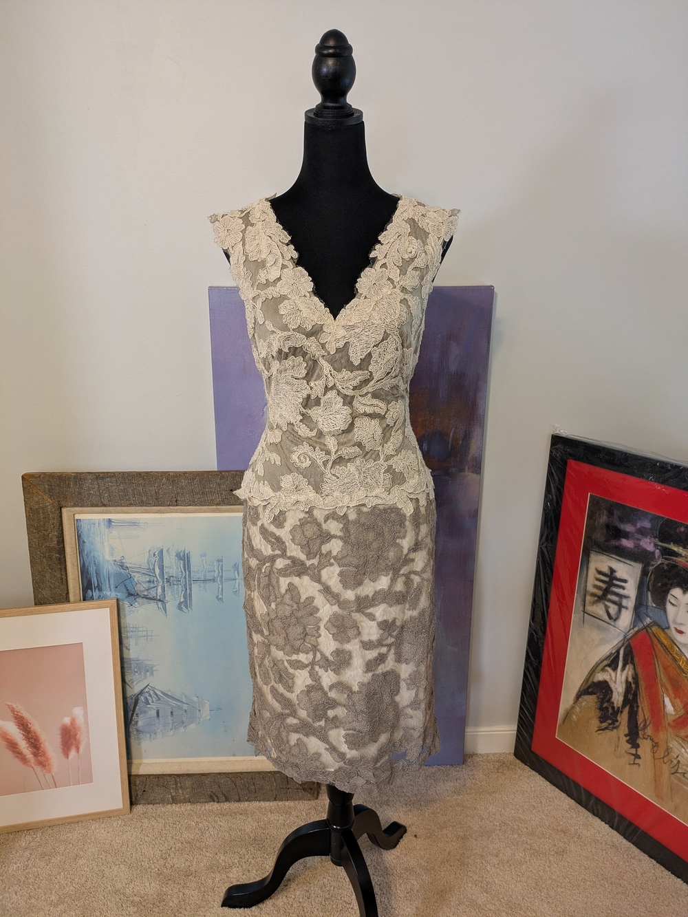 Tadashi Shoji Sano Embellished Lace Lattice Pumice Contrast Dress Size 8